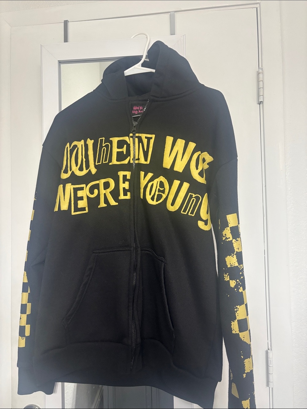 Black Zip Hoodie with Yellow Graphic Text